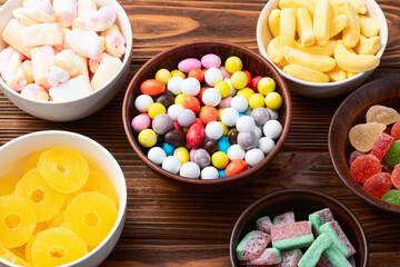 Mix of colorful candies . Top view