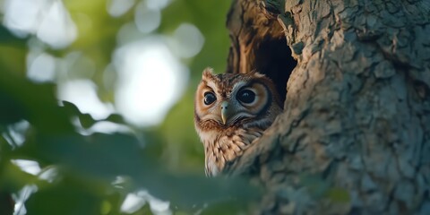 A tawny owl emerging from its hollow in an oak tree at dusk, with a dense UK forest behind