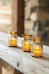 Innovative DIY lighting projects showcasing upcycled glass jars as lamps, warm home setting with natural wood accents and gentle light play.