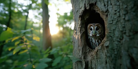 Obraz premium A tawny owl emerging from its hollow in an oak tree at dusk, with a dense UK forest behind