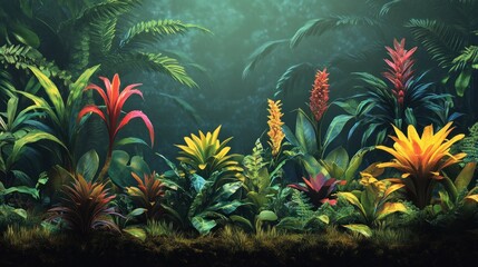 Tropical Rainforest Scene with Lush Greenery and Vivid Flowers