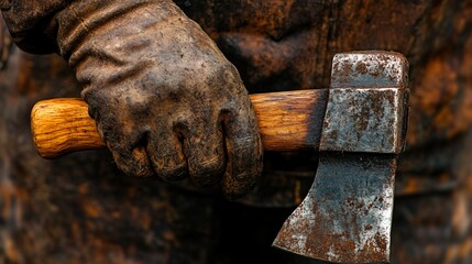 woodcutter’s hand gripping a weathered axe