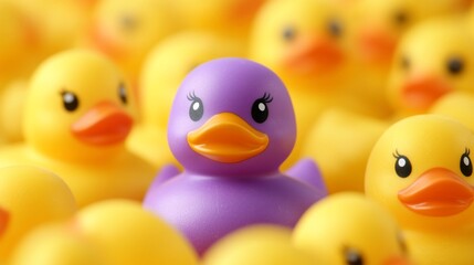 A single purple rubber duck stands out amongst a group of yellow rubber ducks.