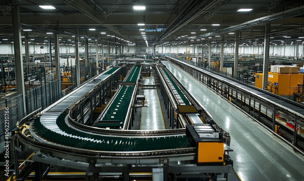 Poster a wide shot of a modern automated factory with conveyor belts and machinery.