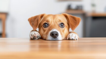 Dog and Dining Table Legs: A dog playfully chewing on the legs of a dining table.