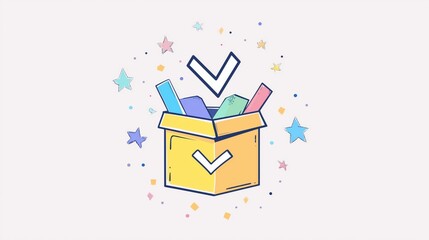 A colorful illustration of a ballot box with a checkmark and various shapes surrounding it, symbolizing voting and selection