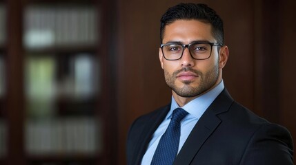 Confident Latino businessman in office; use warm, neutral palette 