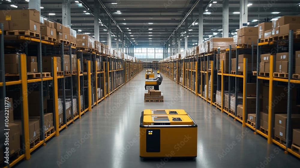 Aufkleber A wide shot of a modern warehouse with rows of shelves stacked with boxes.  There are two yellow autonomous robots in the middle of the aisle.