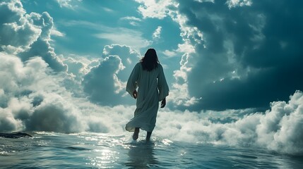 Fototapeta premium Jesus walking on water, wearing a white robe with dark hair, against a background of clouds, in a still shot from a movie scene.