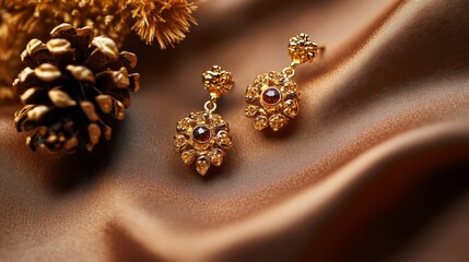 Fototapeta premium Gold earrings for women featuring elegant accessories, using a warm palette 
