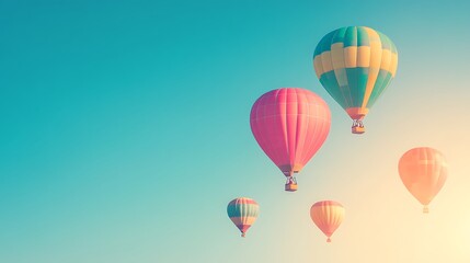 Fototapeta premium A vibrant, colorful hot air balloons rising against a clear sky with a clear area for text 