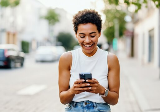 Woman laughing while using a smartphone