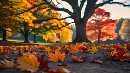 Autumn Landscape. Fall Scene.Trees and Leaves in Sunlight Rays