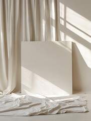 blank white square canvas, leaning against the wall in a minimalist studio