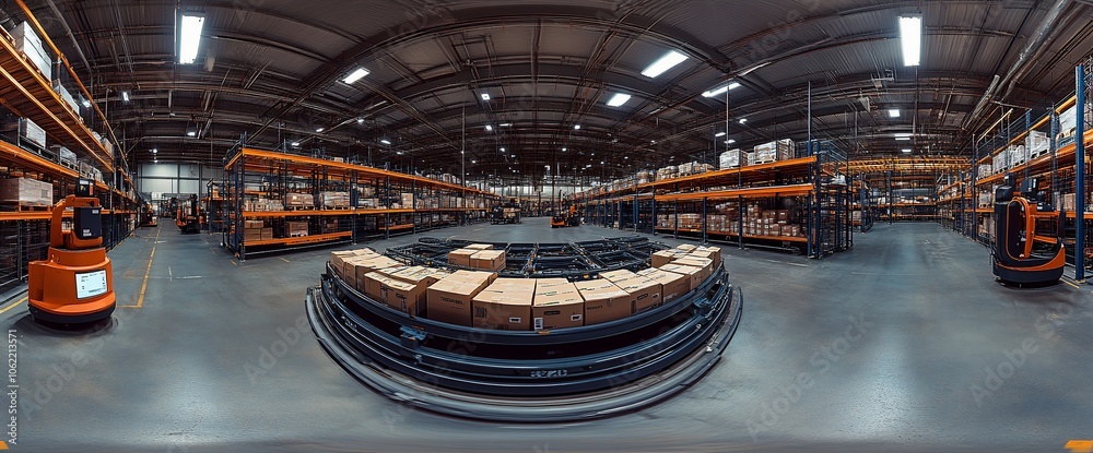 Poster a wide view of a large warehouse with shelves stacked high with boxes. a forklift is parked in the c