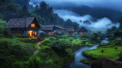 Fototapeta premium A tranquil village nestled in a misty valley, with a winding river flowing through the lush green landscape, and the warm glow of lights illuminating the houses.