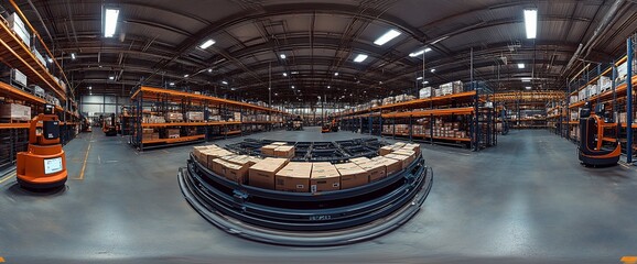 A wide view of a large warehouse with shelves stacked high with boxes. A forklift is parked in the center of the image, and a conveyor belt is in the foreground, transporting boxes.