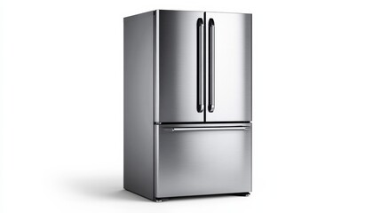 Sleek stainless steel refrigerator, isolated; modern design Use light palette 