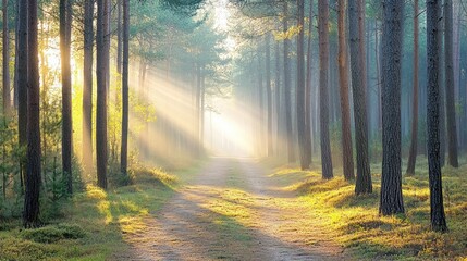 Obraz premium Sunbeams illuminate a path through a misty pine forest.