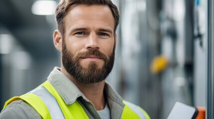 Technician in safety gear checks wiring; uses tablet; outdoors Use neutral palette 