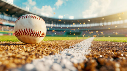 Close-up of a baseball rolling on a sandy infield