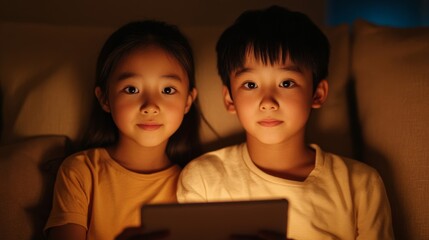 Two Asian siblings enjoy tablet gaming on couch; use warm palette