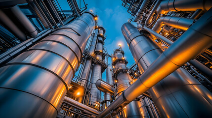 Industrial facility with large metallic pipes and structures illuminated at dusk. AI Image