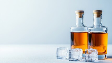Whiskey and ice bottles, hard light, white palette, copy space 