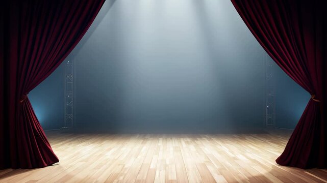 A red curtain is open to reveal a stage with a wooden floor. The scene is set for a theatrical performance