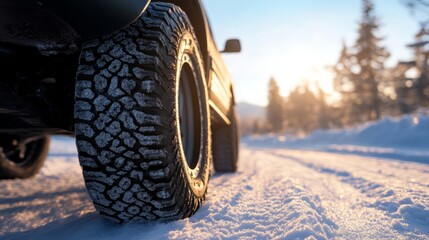 Winter tires on snowy road with sunlit morning; cool palette 