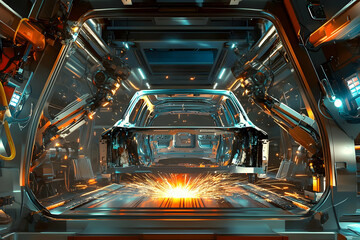 A futuristic industrial scene showcasing robotic arms working on a vehicle frame with sparks. AI Image