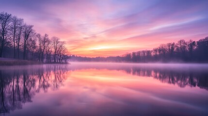 Fototapeta premium A vibrant, colorful sunrise over a tranquil lake with a clear area for text 