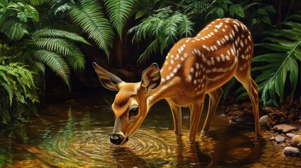A Spotted Fawn Drinking from a Forest Stream