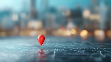 A digital map with a pulsing red location pin marking a specific address in a bustling cityscape.