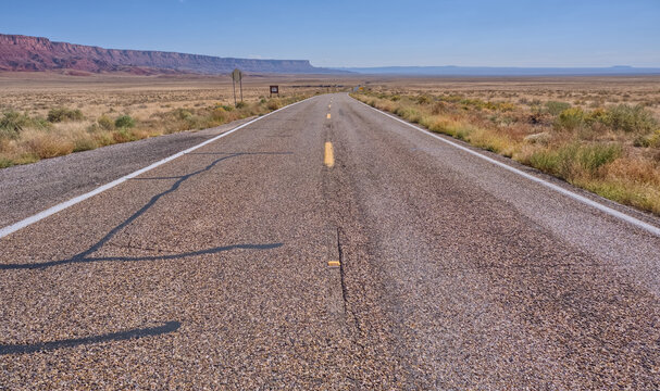 Straight road Eastbound on Route 89A from Kaibab National Forest to Vermilion Cliffs National Monument, Arizona, USA
