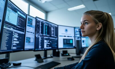 A woman sits in front of multiple computer monitors in an office setting. She is looking off to the side, concentrating on her work.