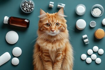 Fototapeta na wymiar An orange cat surrounded by various health supplements and pet medications on a teal background