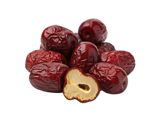 Heap of whole dried Chinese red dates and a halved isolate on white  background.AI GENERATED