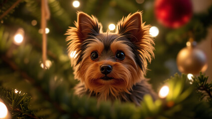 Adorable Yorkshire Terrier peeks through a decorated Christmas tree, surrounded by ornaments and warm holiday lights. The cozy, festive atmosphere highlight the warmth and joy of the holiday season.