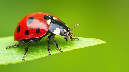 Fototapeta premium Ladybug on green leaf, vibrant colors, natural habitat.