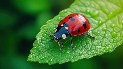 Naklejka premium Ladybug on a green leaf, vibrant colors against a blurred background.
