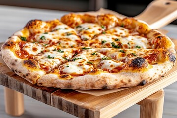 Delicious freshly baked pizza topped with melted cheese and herbs, presented on a wooden board. Perfect for showcasing Italian cuisine and culinary delights.