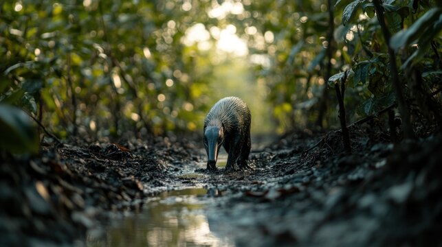 A Silky Anteater Walks Through a Muddy Forest Path