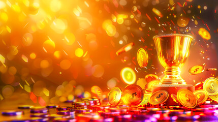 Golden trophy surrounded by shining coins and chips in warm light bursts symbolizes success and achievement. Atmosphere of excitement and victory, perfect for themes of competition and rewards