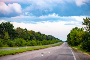 Fototapeta premium A picturesque asphalt road winds through lush green trees, inviting travelers into a serene natural landscape. Perfect for themes of adventure, travel, or nature exploration.