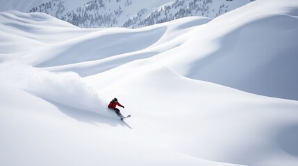Skier Carves Through Pristine Powder Snow in Majestic Mountain Landscape Capturing the Thrill of Winter Sports Adventure