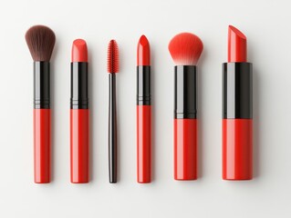 Obraz premium Elegant Arrangement of Red Makeup Brushes and Lipstick