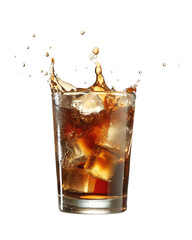 floated coca with ice cubes splash falling into a glass isolate on white background.AI GENERATED