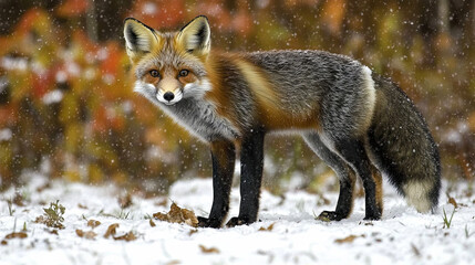 Fototapeta premium A Curious Red Fox Stands on a Snowy Forest Floor in Winter, Surrounded by Falling Snowflakes and Vibrant Autumn Leaves