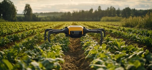 Naklejka premium A yellow and black robot moves through a field of leafy green plants.